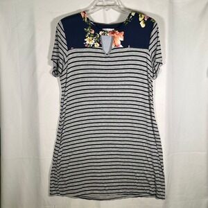 Moa Moa Women's Large T-shirt Dress Navy Floral Striped Casual and Comfortable